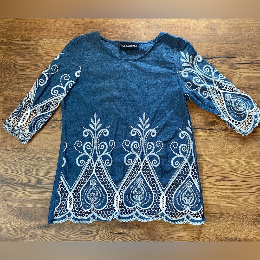 Talk of the Walk Denim Colored Mid Shirt with White Lace Detail- Womens size M